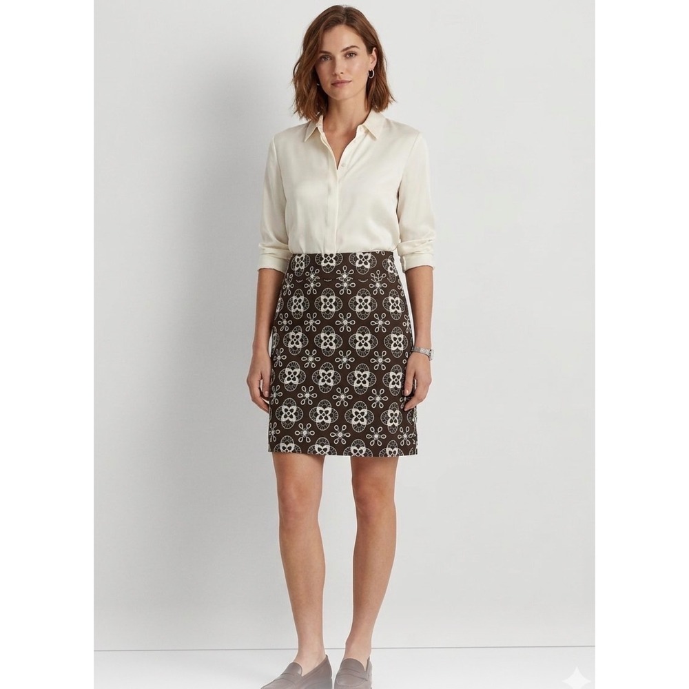 Ann Taylor Loft Brown White Floral Embroidered Cotton Mini Skirt Size 8